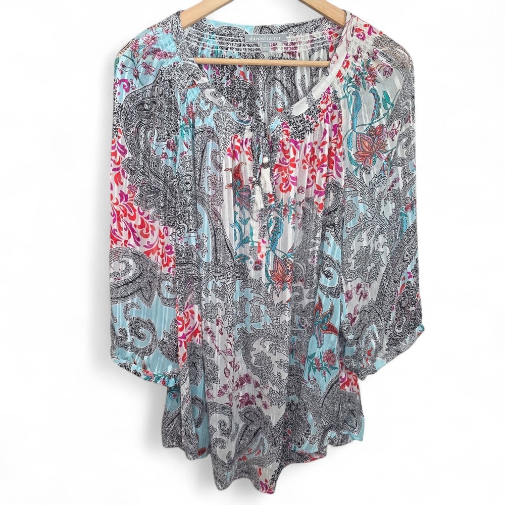 Daniel Rainn‎ Top Womens Plus 1X Black Blue Sheer Peasant Blouse Tasseled Boho